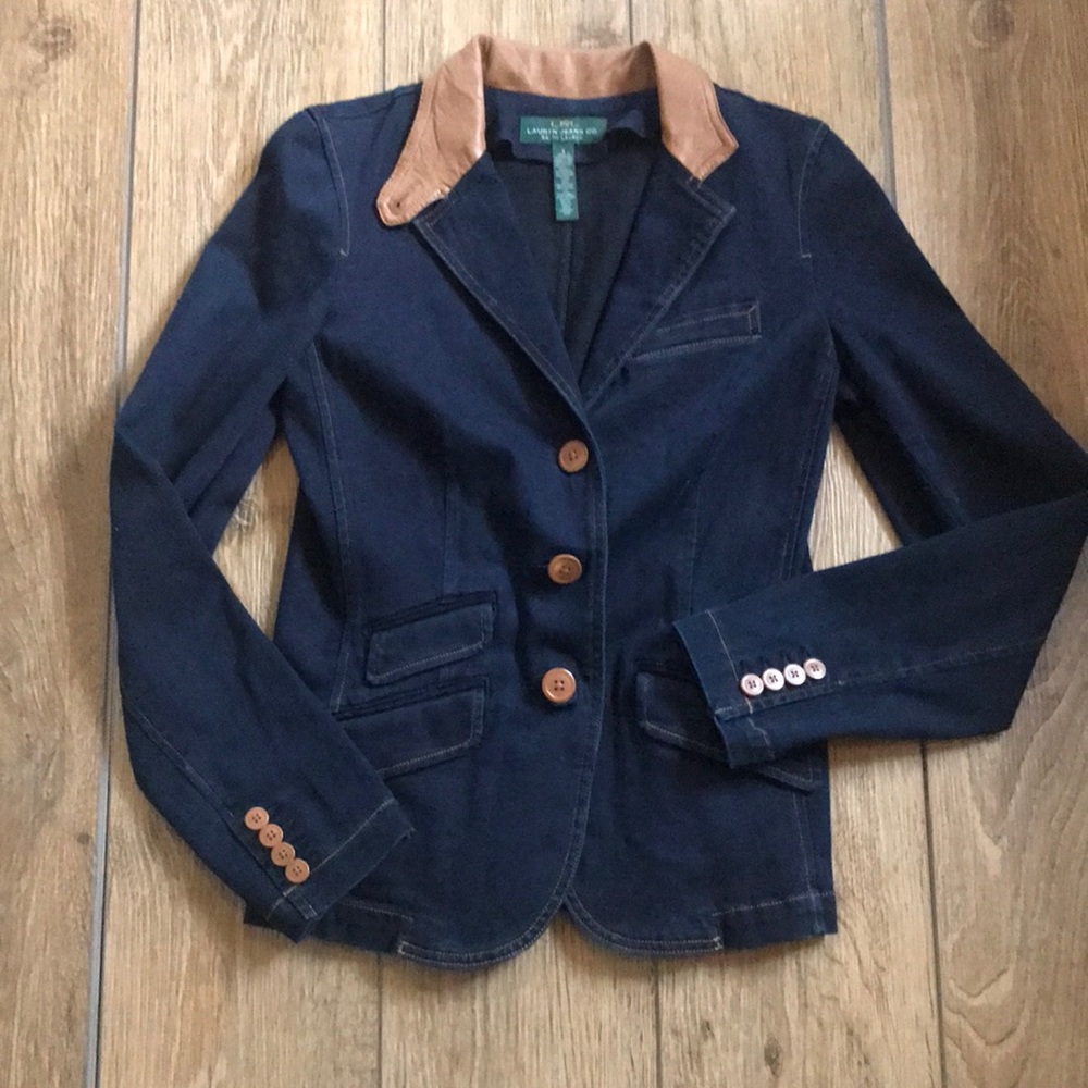 Lauren Ralph Lauren | denim blazer jacket with leather collar.Size 4.Equestrian